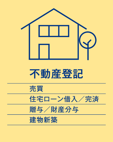 不動産登記（売買、住宅ローン借入／完済、贈与／財産分与、建物新築）